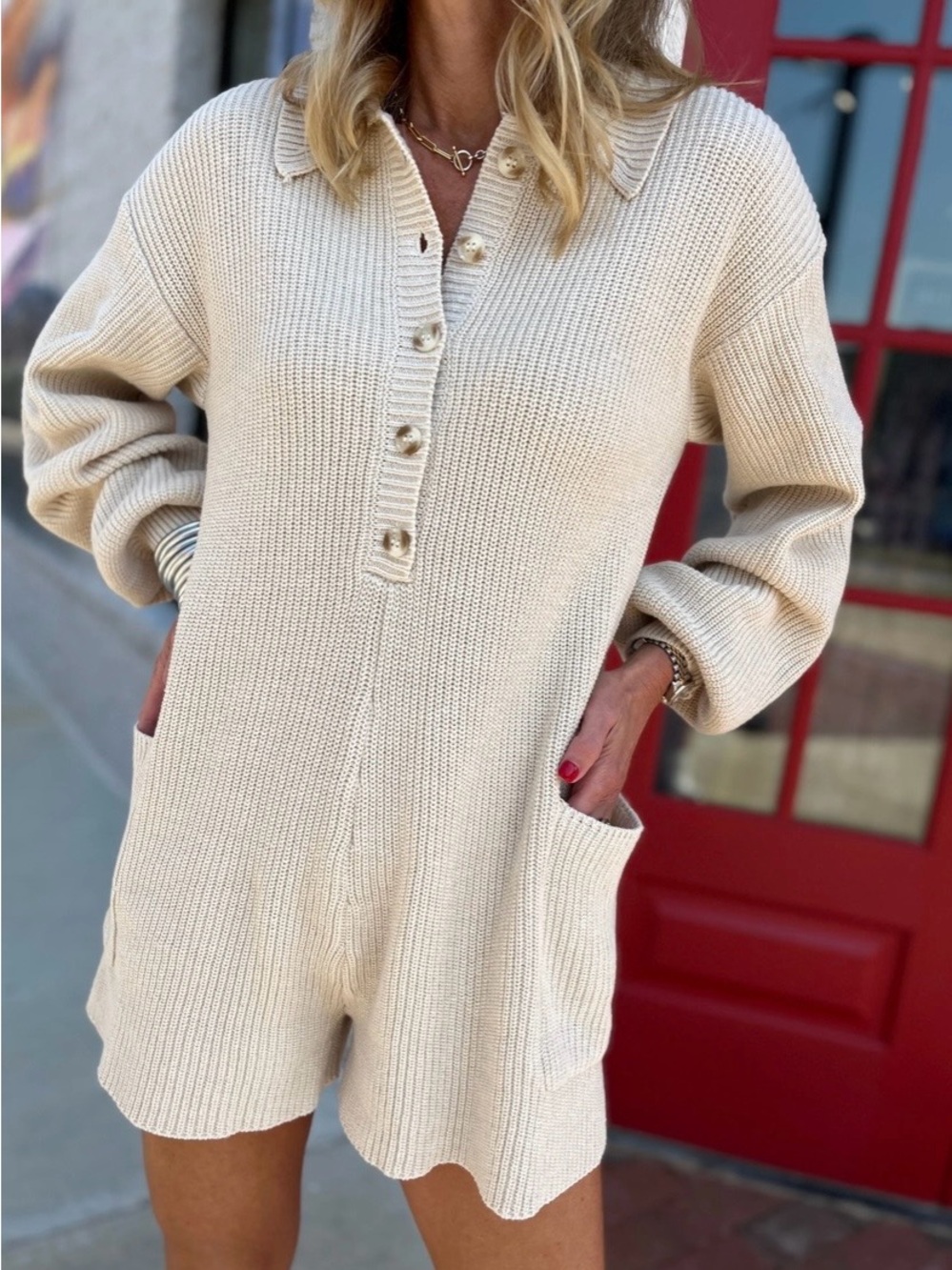 Blue Blush Cotton Blend Knit Fishermen Coastal Beige Polo Henley Romper MEDIUM